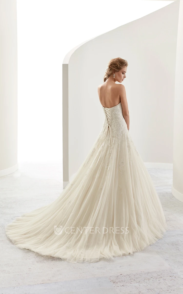 Sweetheart Brush-Train A-Line Bridal Gown With Beaded Details And Lace-Up Back