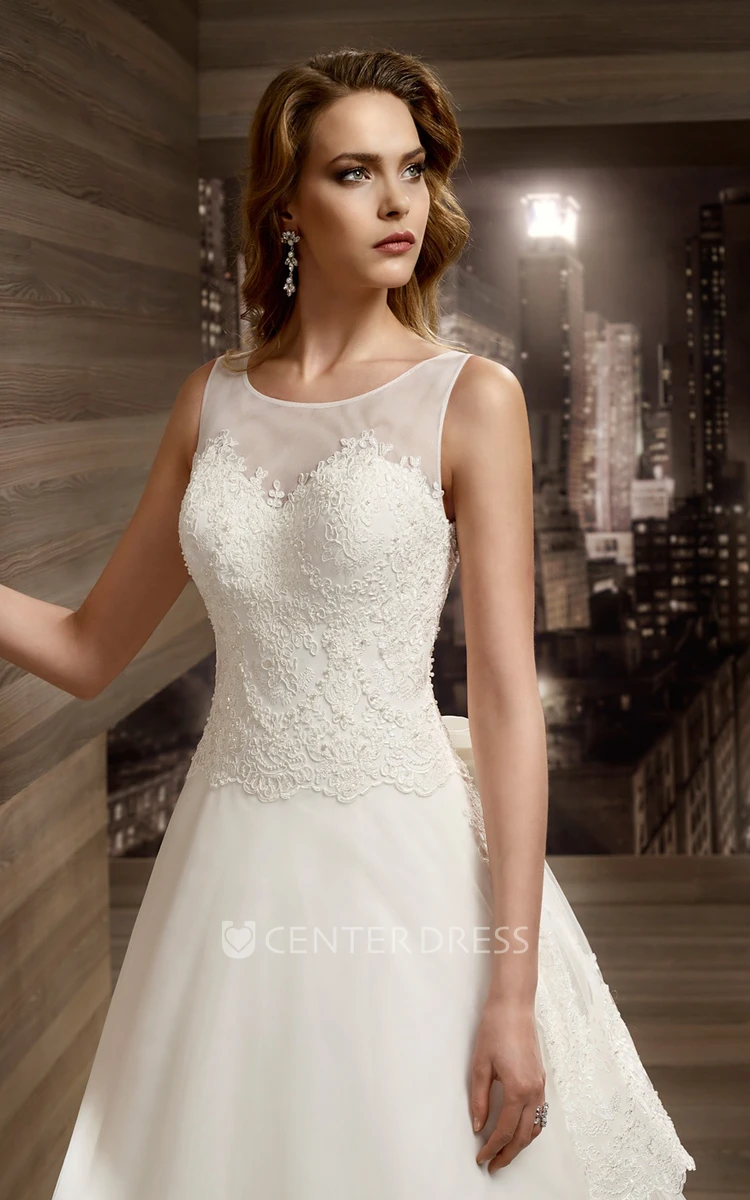 Illusion Jewel-neck Tiers-train A-line Wedding Dress with Cap sleeves and Keyhole Back