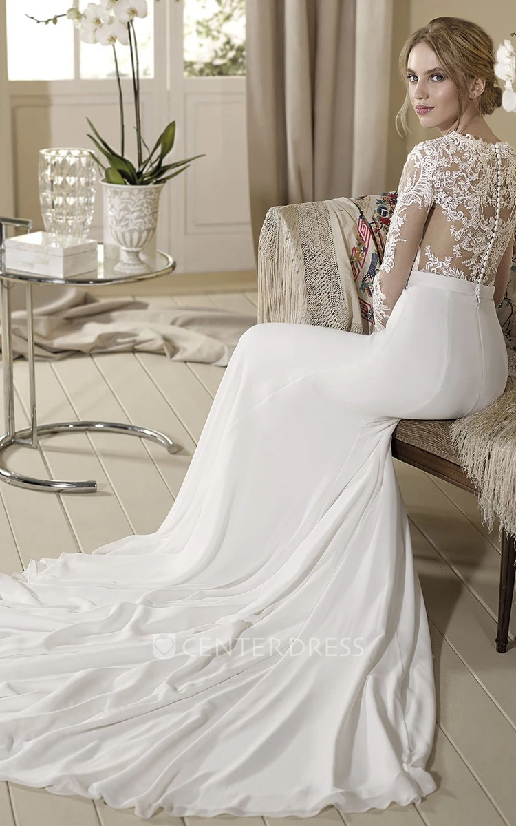Sheath Appliqued Floor-Length Long-Sleeve Jewel-Neck Jersey&Lace Wedding Dress