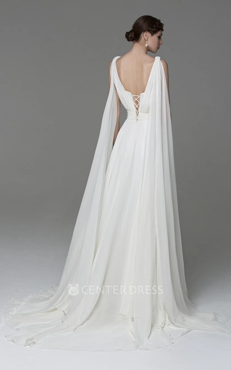 Greek V-Neck Sleeveless A-Line Chiffon Wedding Dress With Watteau Train