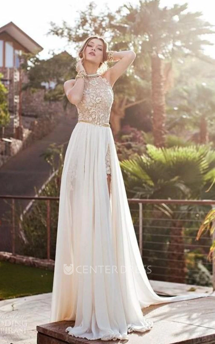 Flowy Spaghetti Layered Wedding Dress With Lace Top - UCenter Dress