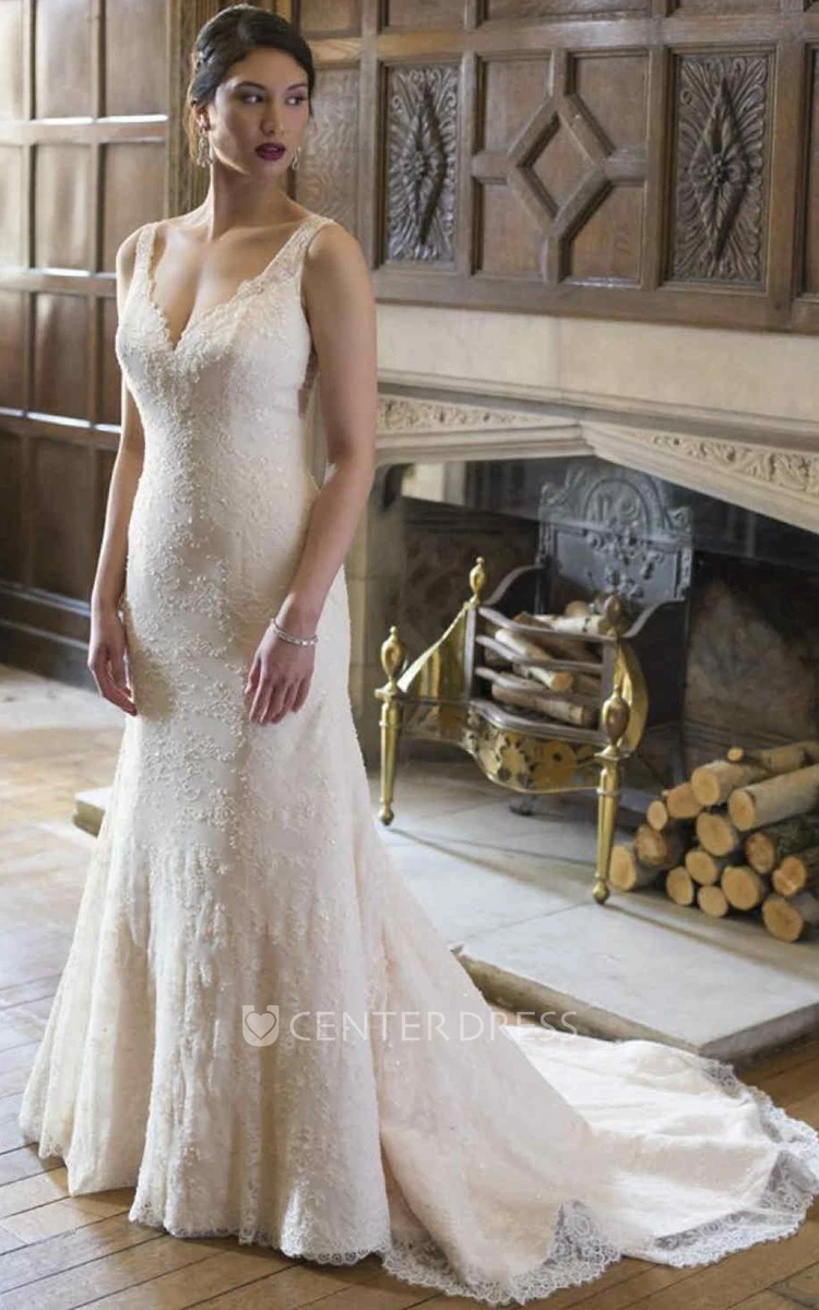 V-Neck Floor-Length Appliqued Sleeveless Lace Wedding Dress With Ruffles