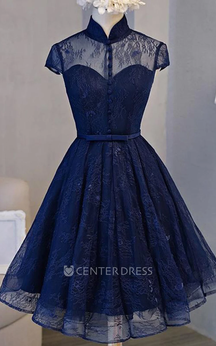 A Line Short Sleeve Lace Casual Keyhole Homecoming Dress with Sash