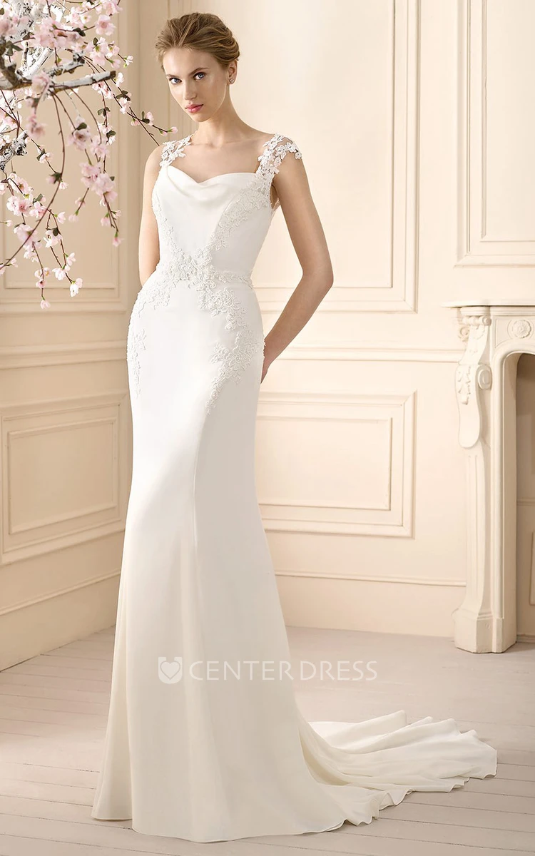 Sheath Strapped Floor-Length Sleeveless Appliqued Chiffon Wedding Dress