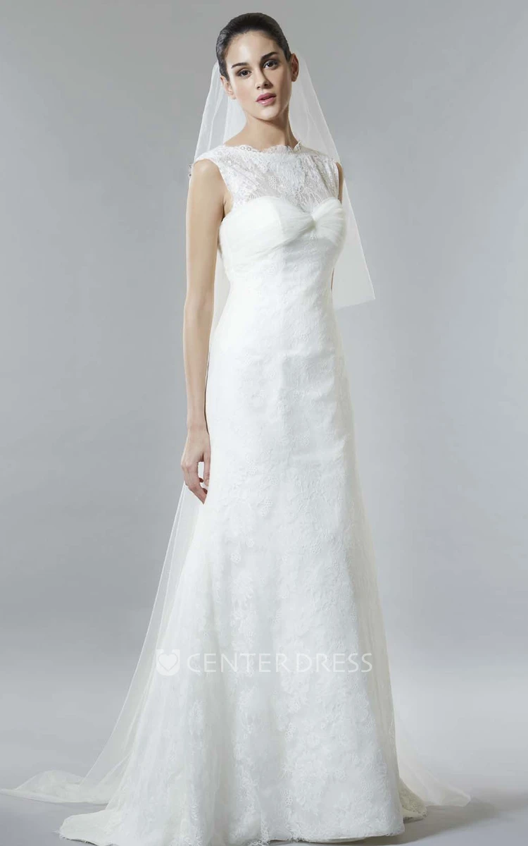 A-Line Ruched Cap-Sleeve Jewel Long Lace Wedding Dress With Low-V Back And Brush Train