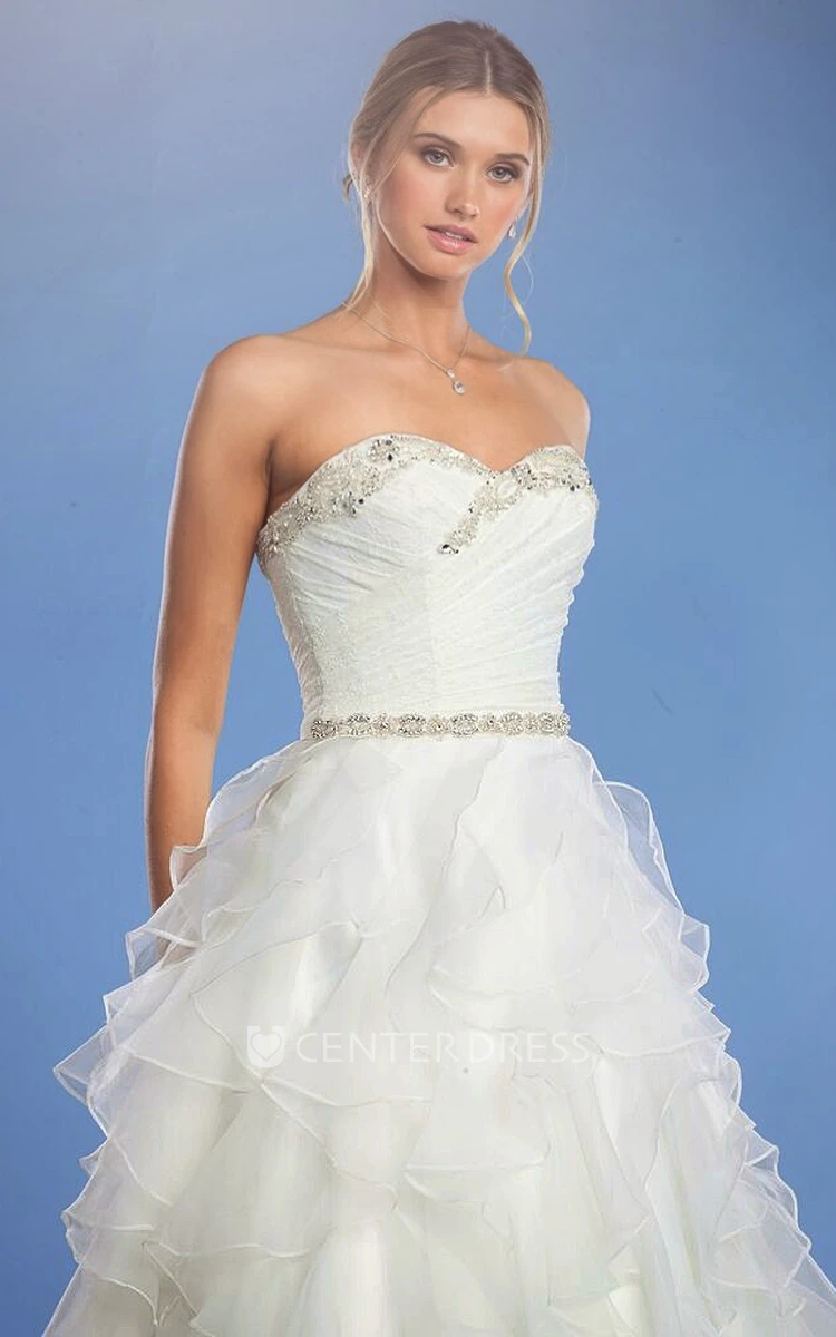 Long Sweetheart Criss-Cross Jeweled Organza Wedding Dress
