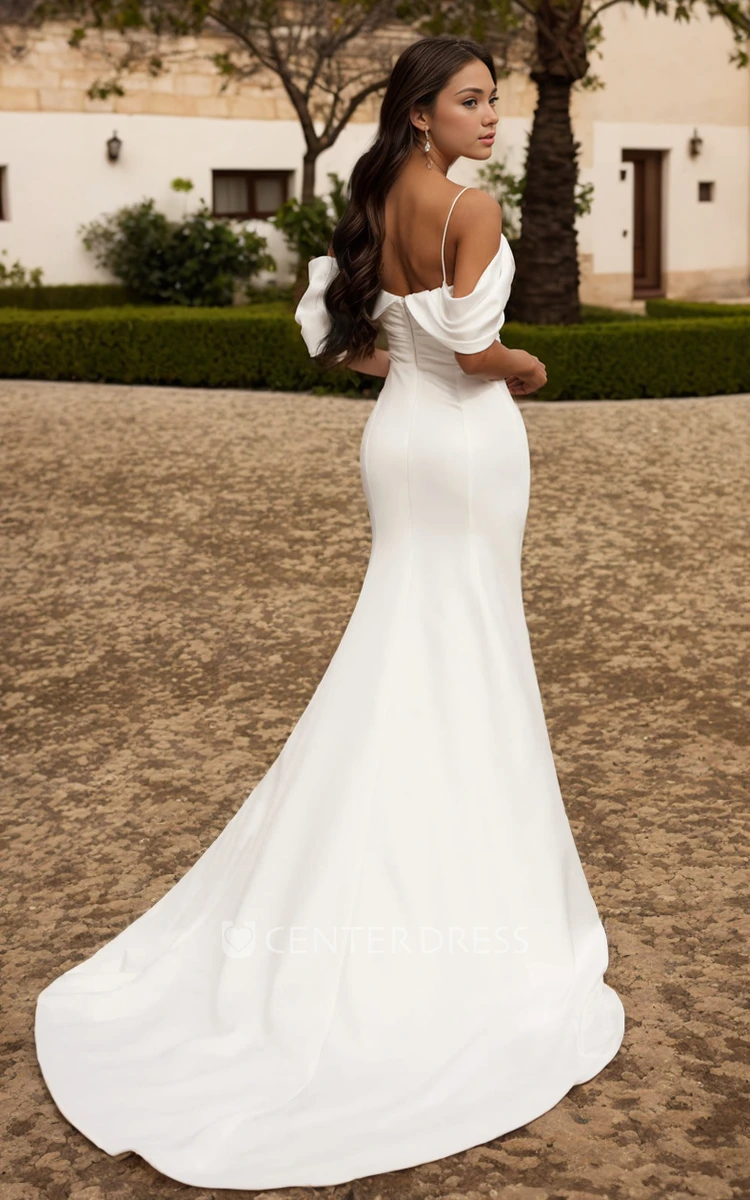 Solid Off-the-shoulder Mermaid V-neck Satin Wedding Dress Elegant Sleeveless Backless Bridal Gown with Train