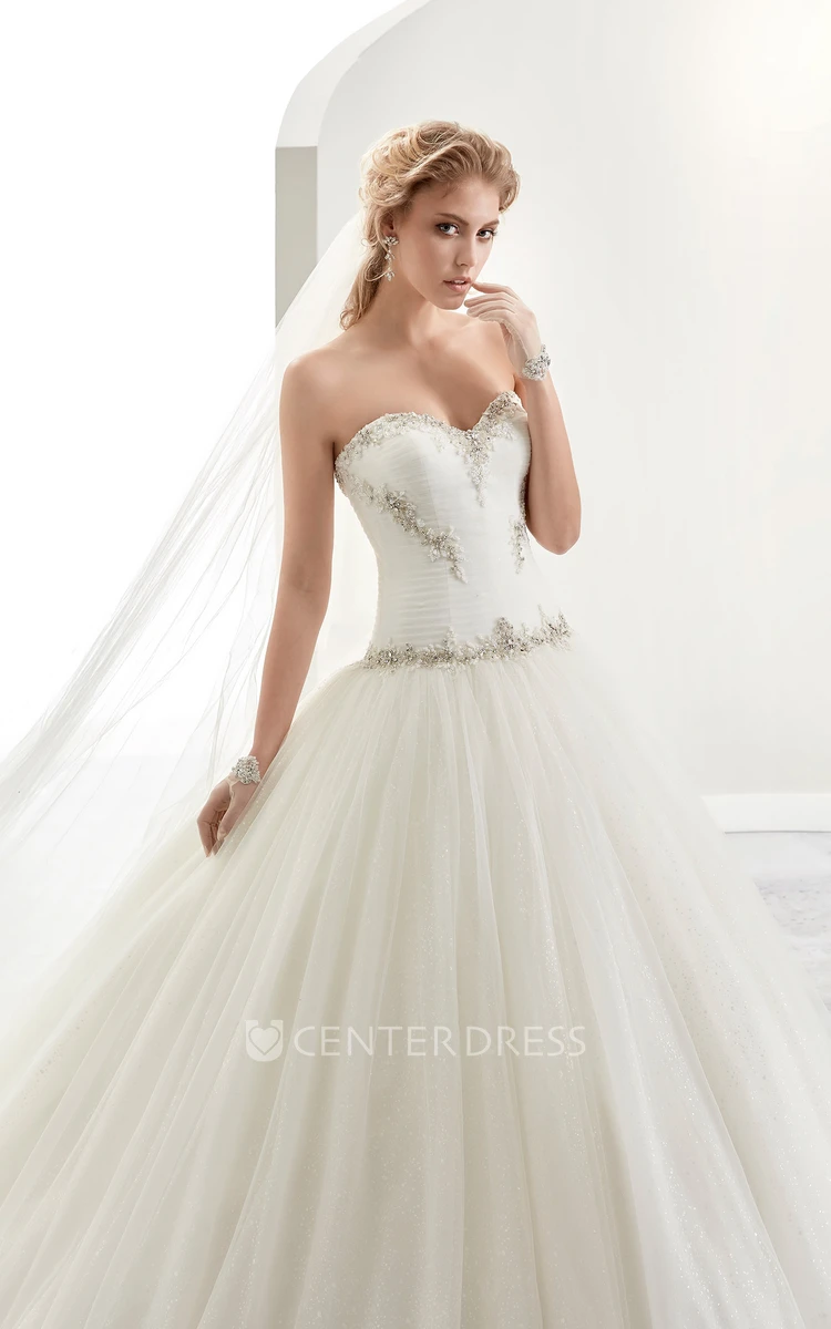Sweetheart Beaded A-Line Bridal Gown With Pleaded Details And Brush Train