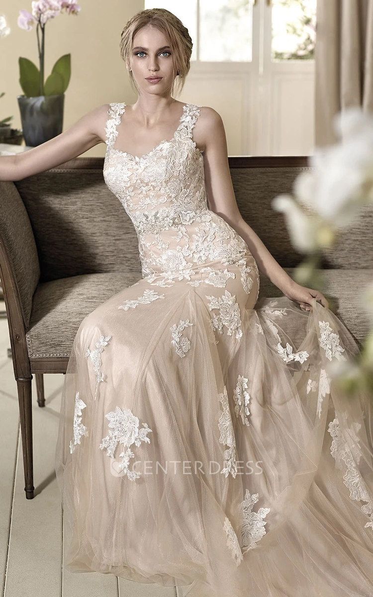 Sheath Square-Neck Sleeveless Floor-Length Appliqued Tulle&Lace Wedding Dress With Beading