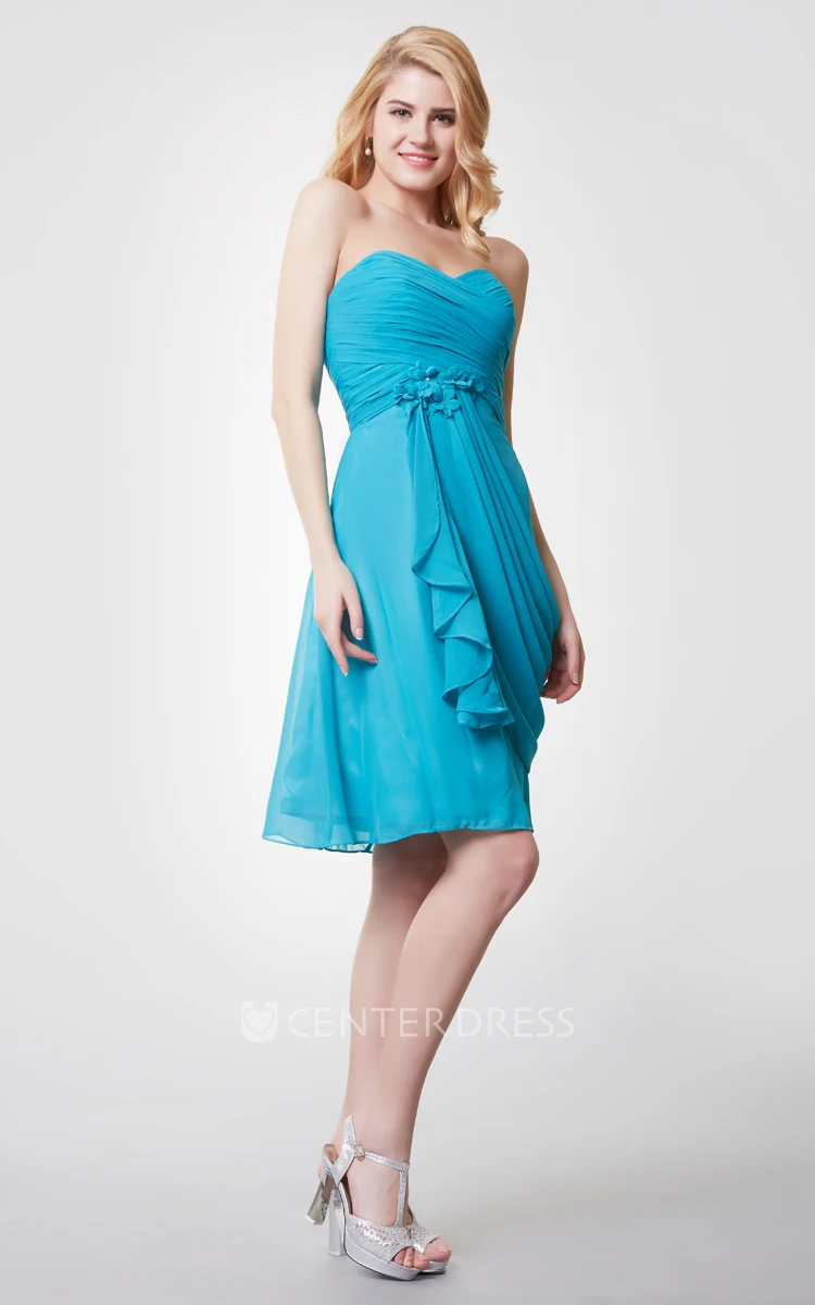 Sweetheart Ruched Draped Short Chiffon Dress With Flower Detailing
