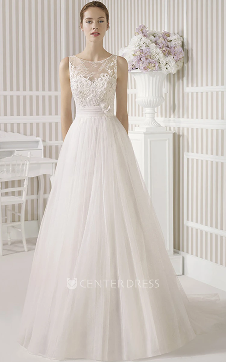 A-Line Scoop Long Lace Sleeveless Satin&Tulle Wedding Dress With Flower And Illusion Back