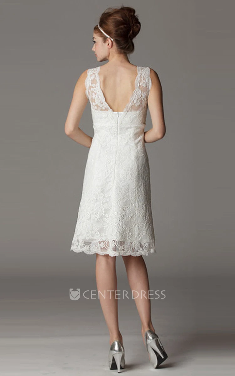 V-Neck Sleeveless Short Lace Wedding Dress