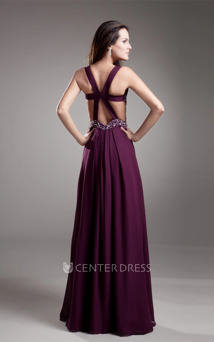 Strapped Chiffon Front-Split Prom Dress with Beading and Keyhole