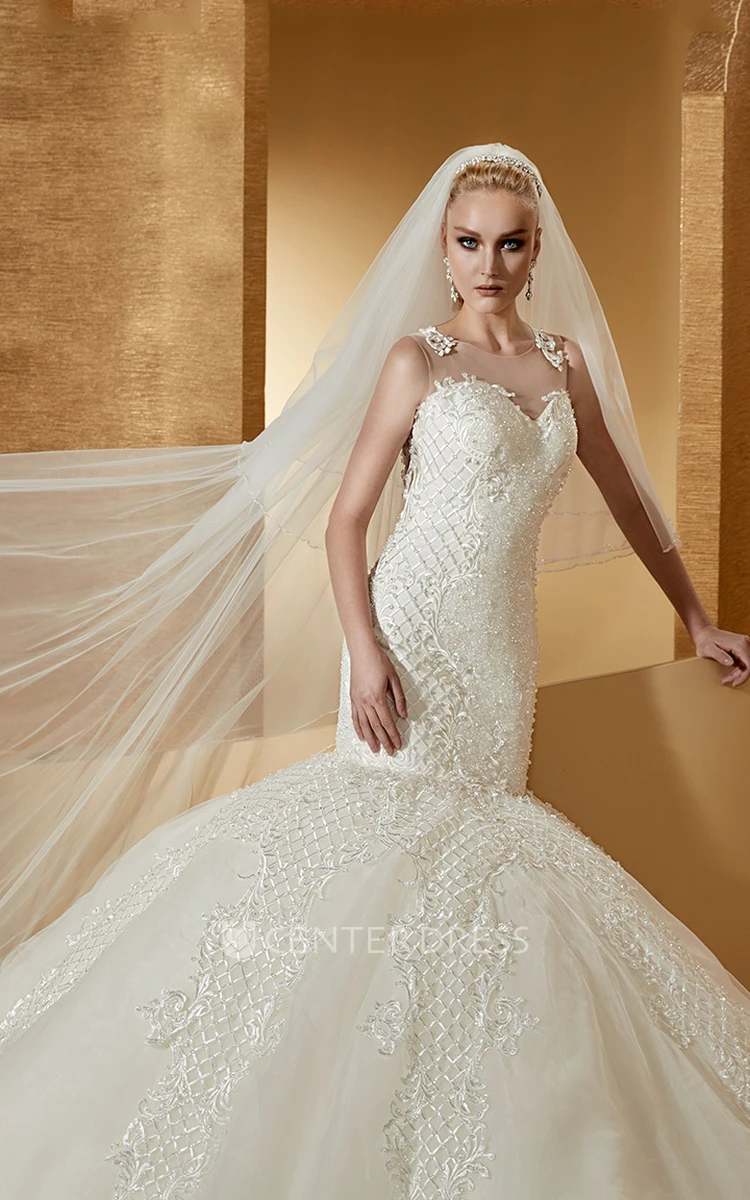 Sassy Cap sleeve Mermaid Wedding Dress with Special Appliques and Illusive Neckline 