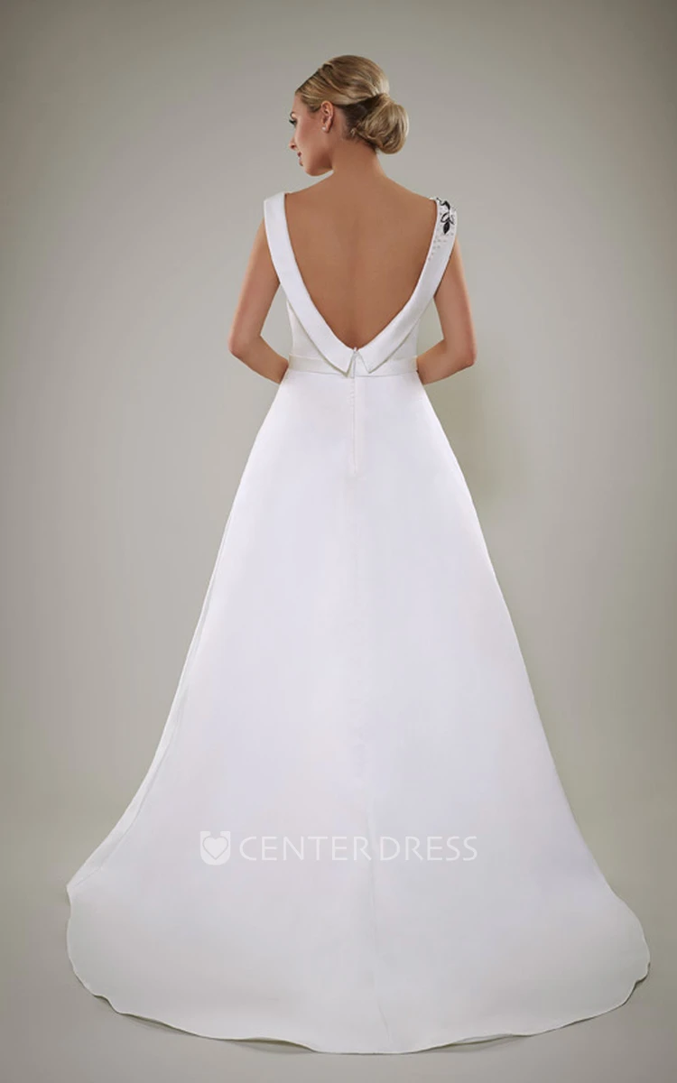 A-Line Sleeveless Scoop Floor-Length Beaded Satin Wedding Dress With Deep-V Back And Sweep Train
