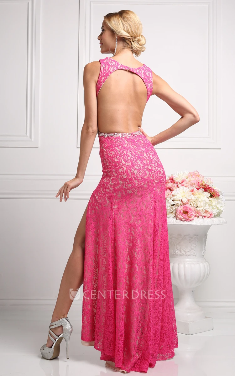 Sheath Long Jewel-Neck Lace Backless Dress With Split Front And Waist Jewellery