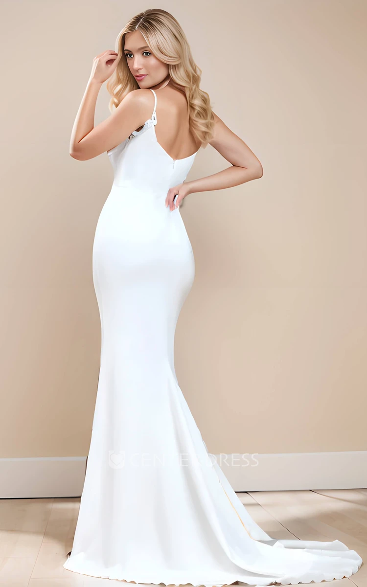 Mermaid V-neck Simple Casual Sexy Sleeveless Floor-length Wedding Dress with Split