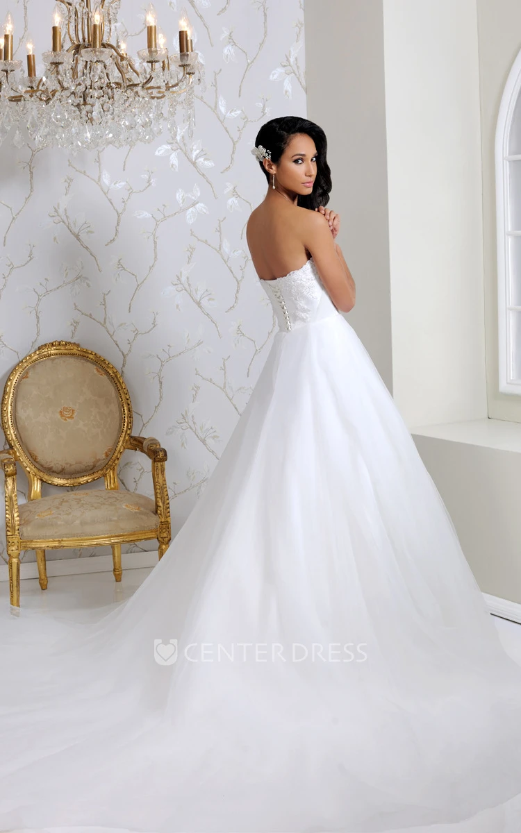 Maxi Strapless Appliqued Tulle Wedding Dress With Chapel Train