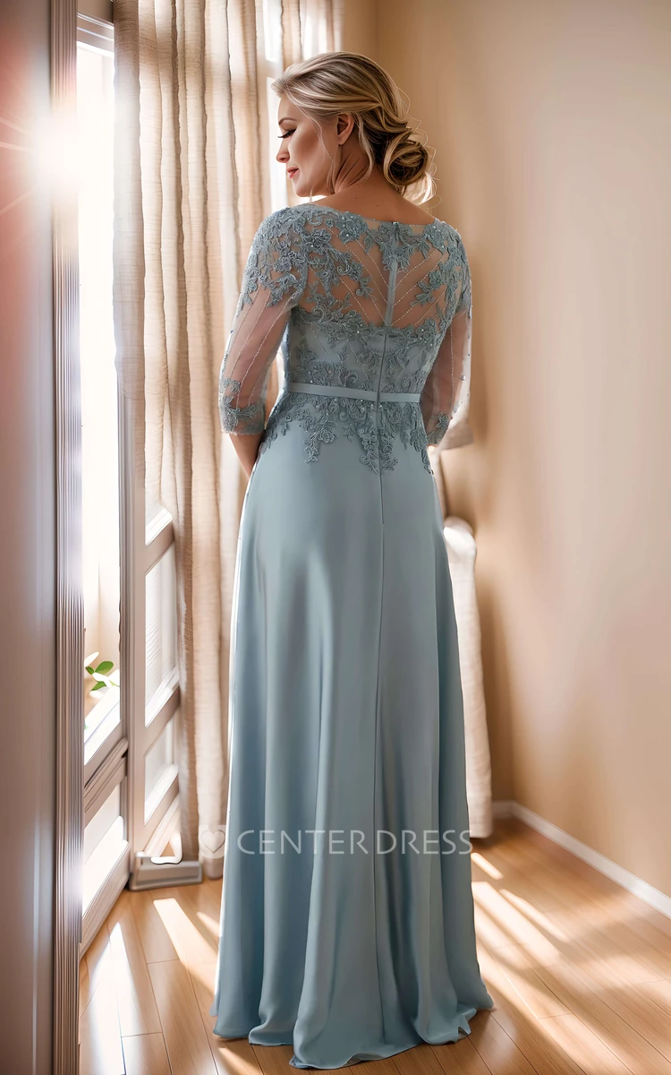 A-Line Mother of the Bride Elegant Floor Length Prom Dress V-neck with Zipper Back Lace Appliques