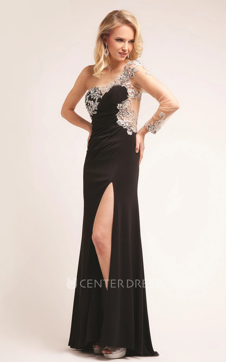 Sheath One-Shoulder Sleeveless Jersey Dress With Split Front And Beading