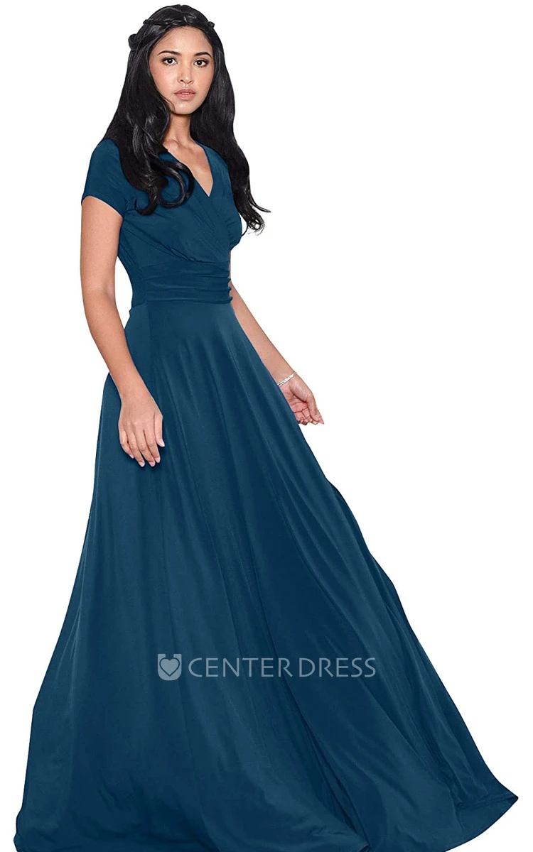 Simple A-line Jersey V-neck Short Sleeve Evening Dress With Criss Cross and Pleats