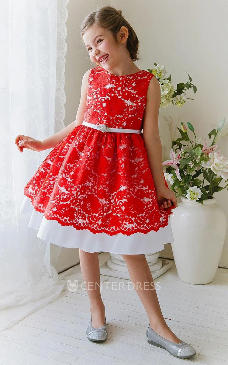 Tea-Length Floral Beaded Lace&Satin Flower Girl Dress With Ribbon