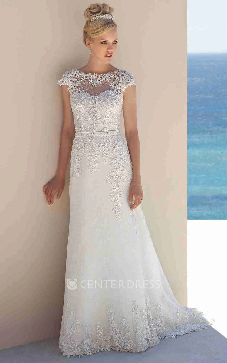 Sheath Jewel-Neck Sleeveless Long Lace Wedding Dress With
