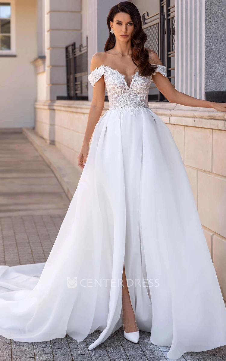Ethereal Off-the-shoulder A Line Organza Sleeveless Court Train Wedding Dress with Split Front