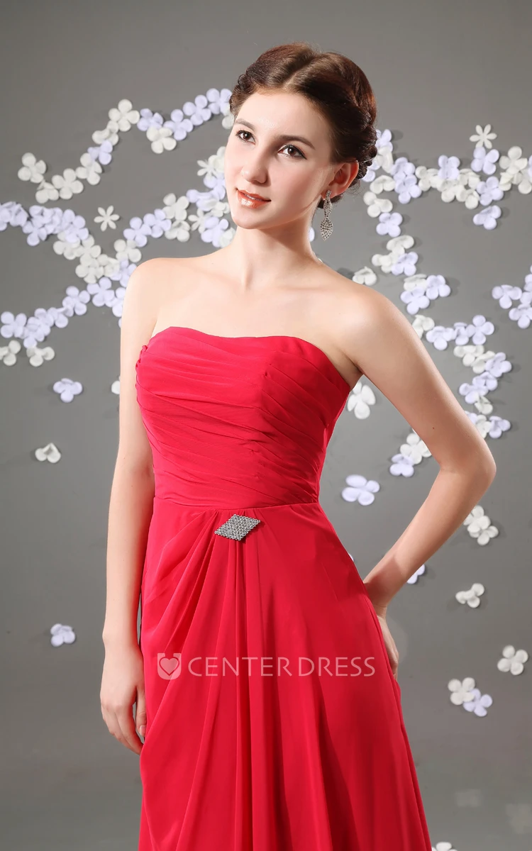 Simple Strapless Sleeveless Chiffon Maxi Bridesmaid Dress With Beading