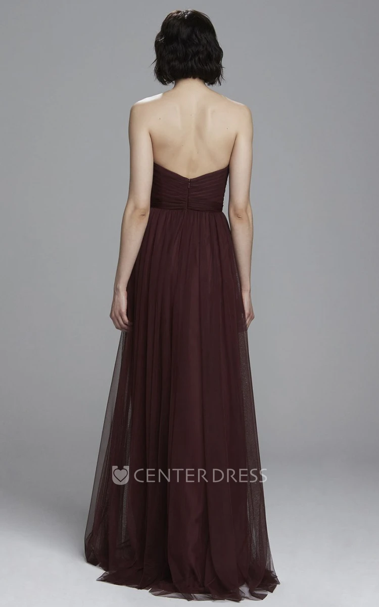 Sheath Strapless Ruched Floor-Length Sleeveless Tulle Bridesmaid Dress