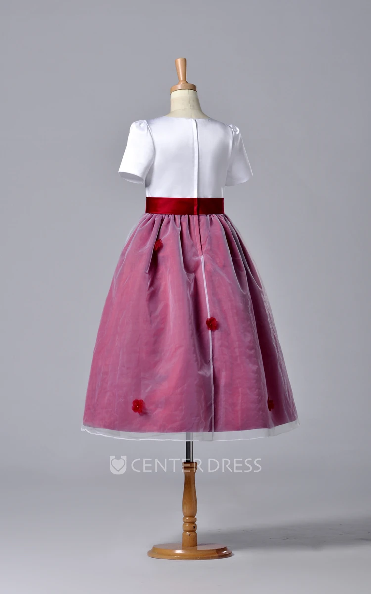 High Neck Short Sleeve  Pleated Organza Flower Girl Dress With Bowknot