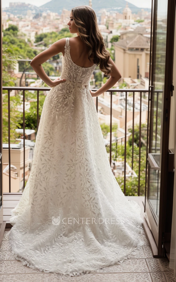 Ethereal Summer A-Line Sleeveless Boho Lace Wedding Dress Modern Floral A-Line Zipper Back Bridal Gown