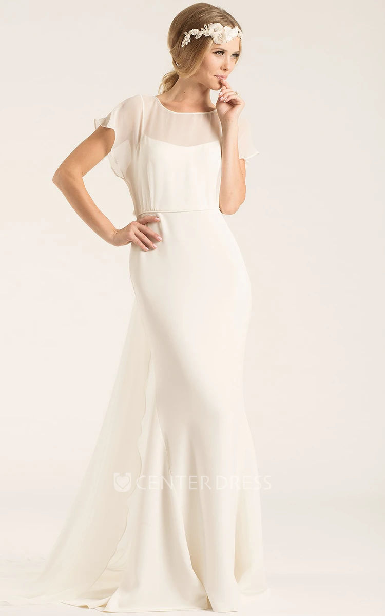 Scoop Long Poet-Sleeve Chiffon Wedding Dress With Court Train And V Back