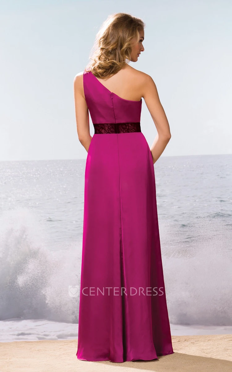 One-Shoulder Long Gown With Lace Waist And Slit Detail
