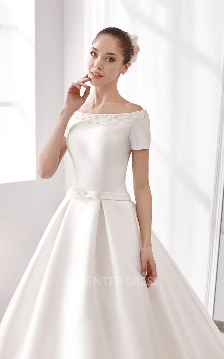 Off-Shoulder A-Line Satin Wedding Dress With Beaded Details And Little Bow Sash