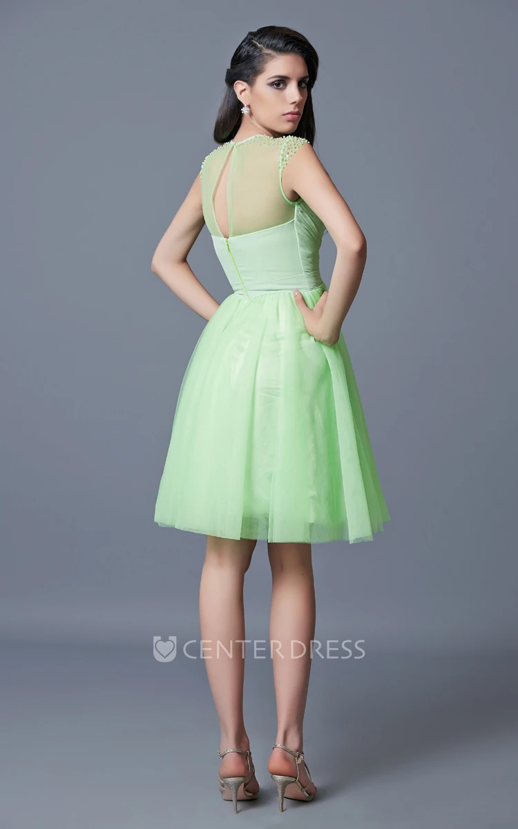 Cap Sleeve A-line Short Tulle Homecoming Dress With Beading and Pleats