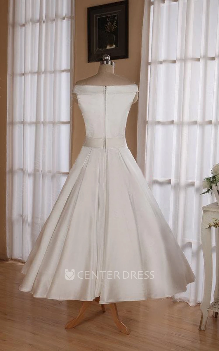 Sleeveless Tea-Length Satin Wedding Dress With Sash And Off-The-Shoulder Neck