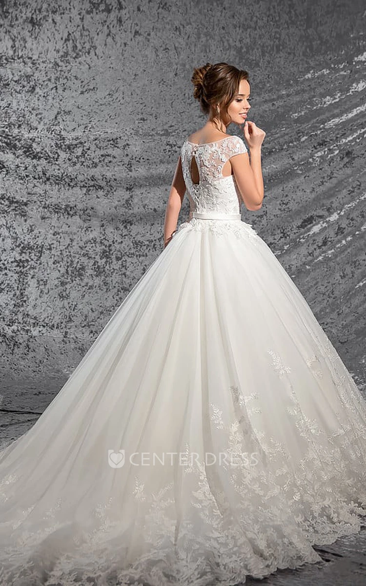 Ball Gown Floor-Length V-Neck Cap-Sleeve Corset-Back Lace Dress With Appliques And Pleats