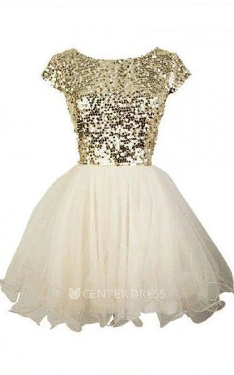 A-line Ball Gown Short Mini Short Sleeve Bateau Ruffles Sequins Tulle Sequins Homecoming Dress