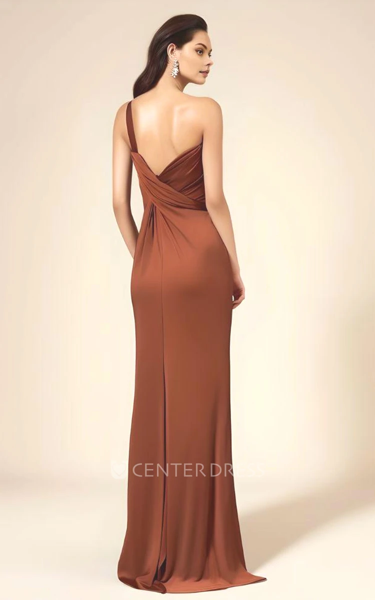 One-Shoulder Satin Sheath Bridesmaid Dress with Front Split Ethereal & Elegant