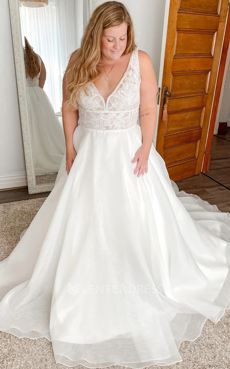 Romantic A-Line V-neck Organza Beach Wedding Dress With Chapel Train And Open Back