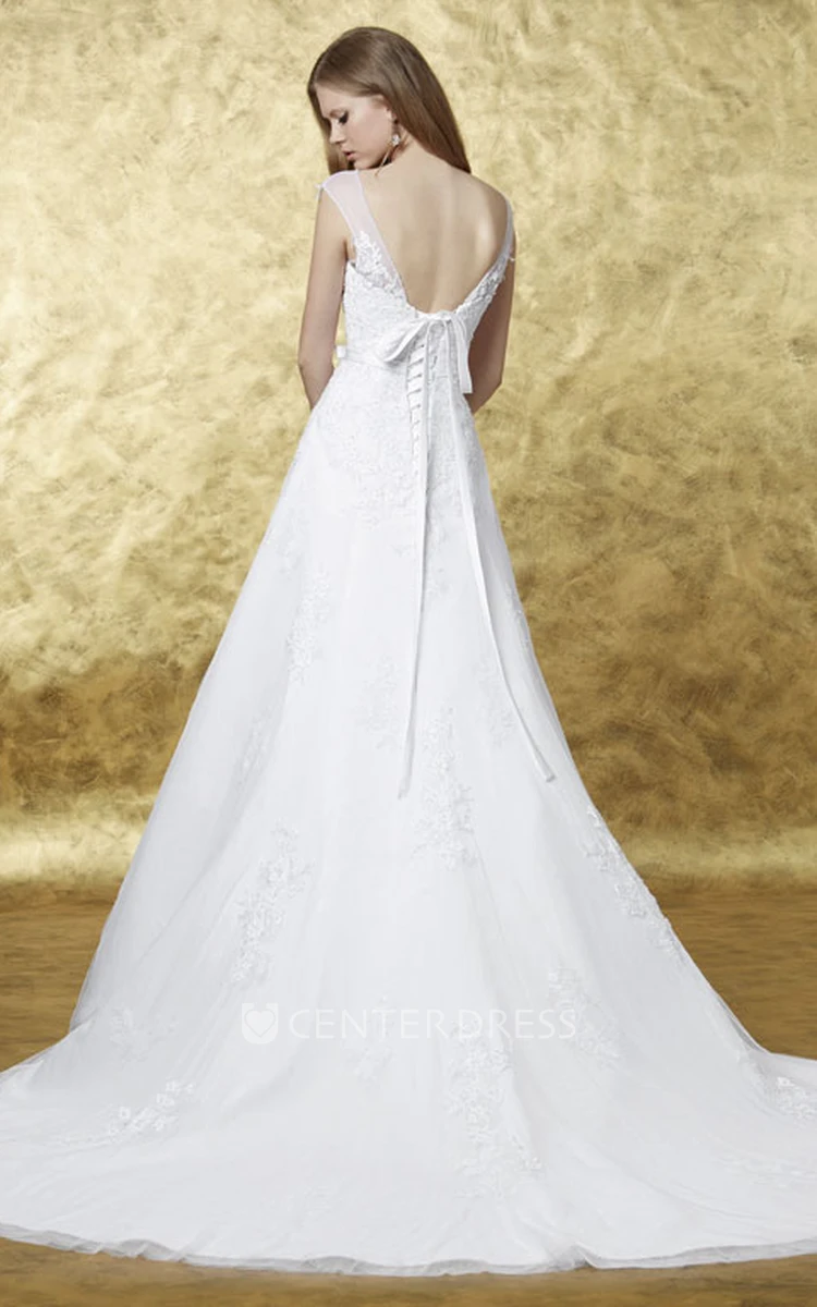 Bateau Maxi Cap-Sleeve Appliqued Lace Wedding Dress With Court Train And Corset Back