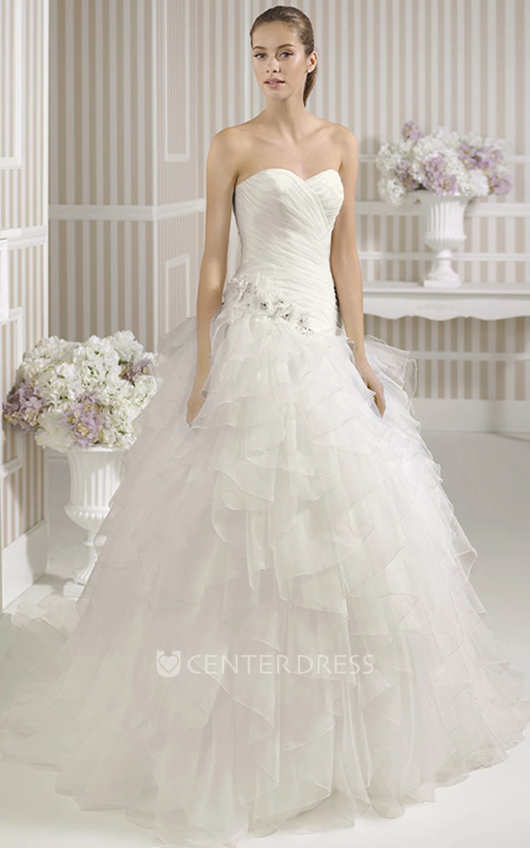 Ball Gown Ruffled Sweetheart Organza Wedding Dress With Criss Cross And Flower