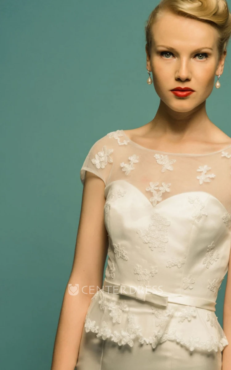 Mermaid Appliqued Short-Sleeve Scoop-Neck Maxi Satin Wedding Dress With Peplum