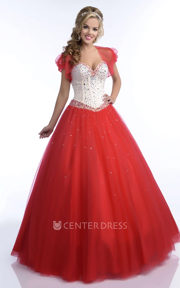 Tulle Ball Gown With Sequined Sweetheart Bodice And A Matching Cape