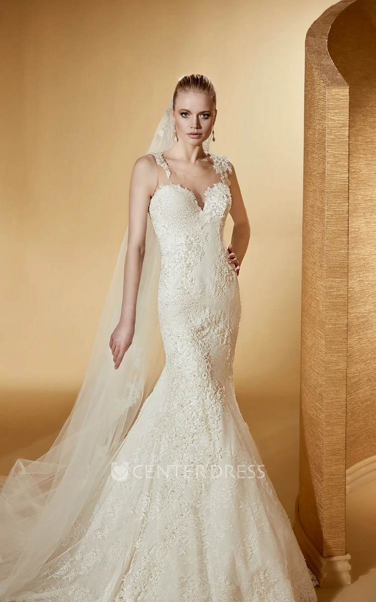 Sexy Sweetheart Mermaid Lace Long Wedding Dress With Illusive Straps And Court Train
