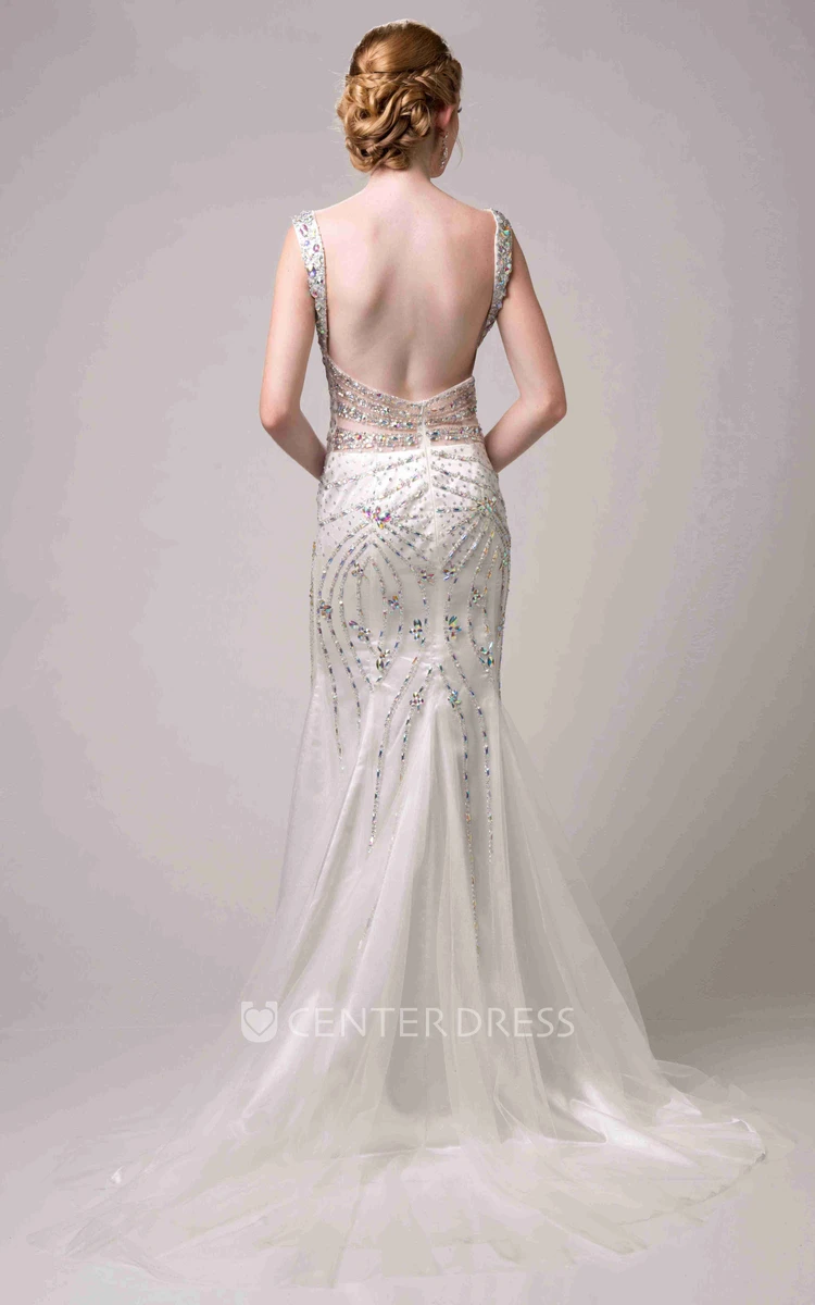 Column Side Slit Tulle Prom Dress With Polychrome Rhinestones