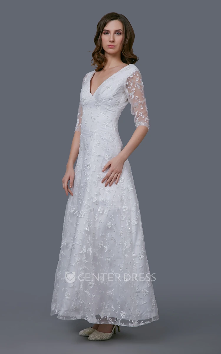 Stunning V-neckline Tea Length Gown With Illusion Sleeve and Embroidery