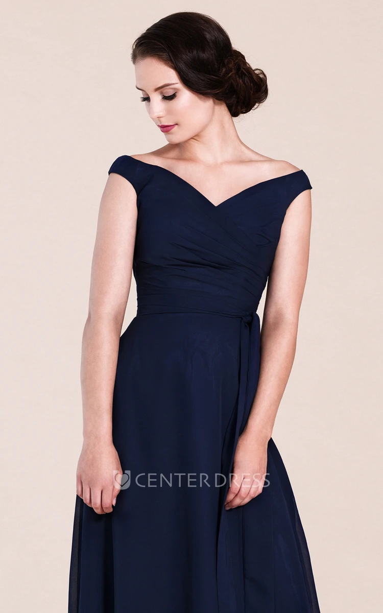 V-neck Off-shoulder A-line Chiffon Bridesmaid Dress With Ruchings