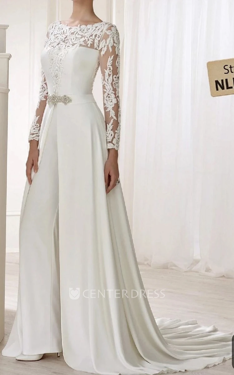 Elegant Satin Wedding Jumpsuit Illusion Sleeves Romantic Garden Bateau Neckline Dress